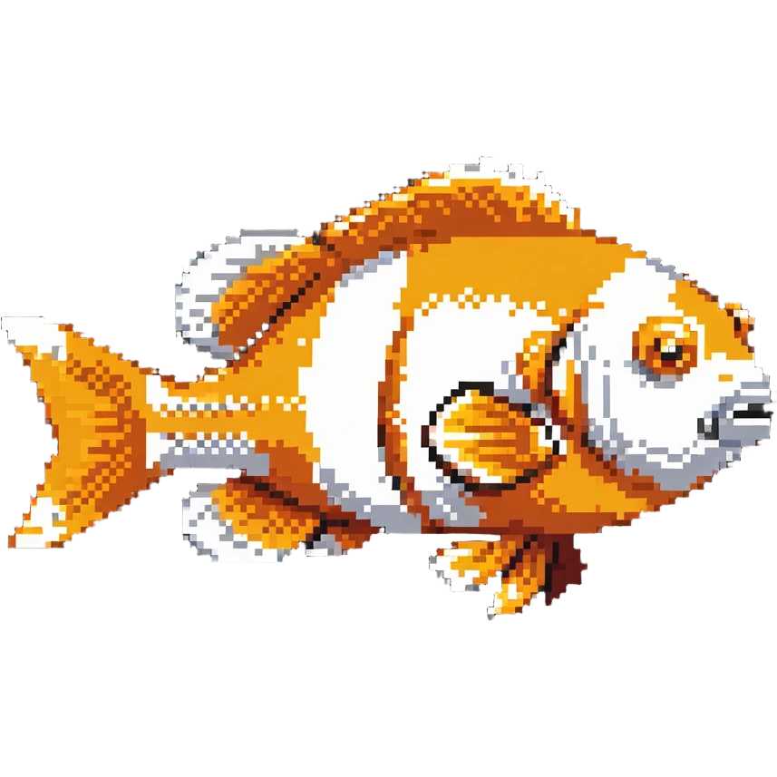 A pixelated clown fish with orange and white pattern emoji