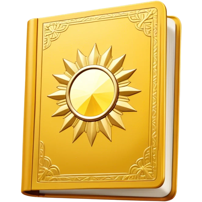 A golden yellow book with white accents, smooth and polished, embossed with a symbol of six pillars, a sun, or a glowing mirror, radiating strength, confidence, and the power of self-worth.  emoji