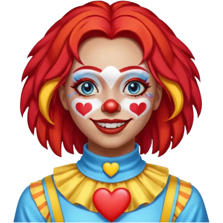 wendy thomas  the clown from gta rp nopixel she has a blue sun on covering right eye with three yellow lines below her right eye and above her left eye. she has long bright red hair and light blue eyes with a heart choker emoji