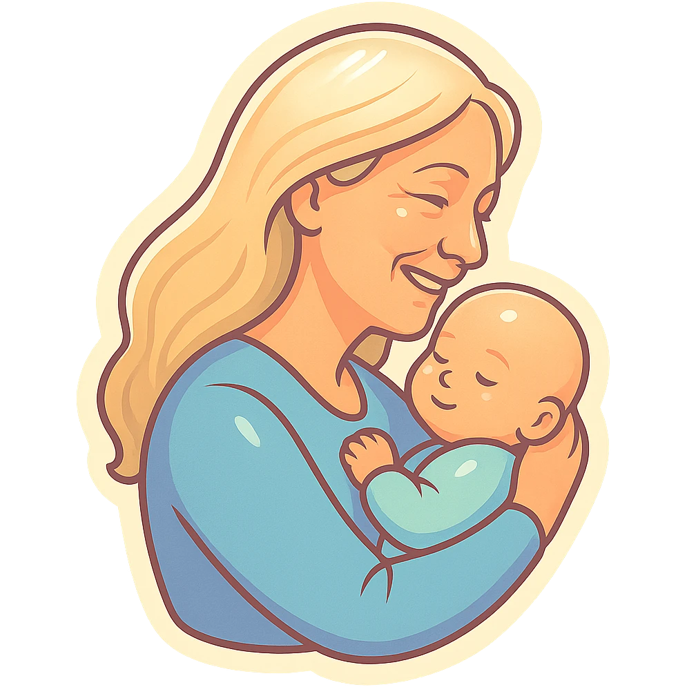 mature woman with long light hair holding a baby in her arms, smiling, side view, close-up, thin clean outlines, soft rounded shapes, pastel palette, retro sticker aesthetic, detailed shadows and highlights, soft lighting emoji