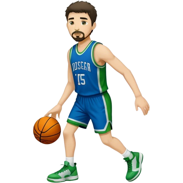 Full Body white male basketball player with short dark shaggy hair and goatee wearing blue and green uniform emoji
