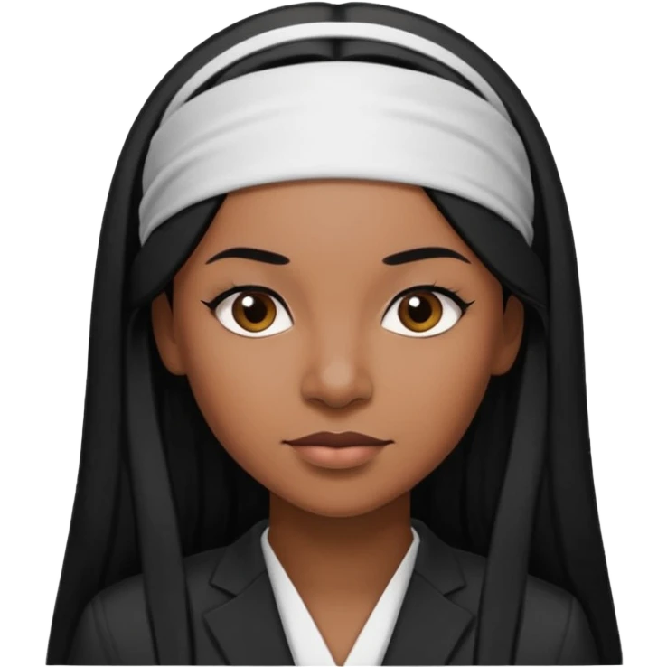 30-year-old Black woman lawyer with long straight hair, headband, strong and sharp personality emoji