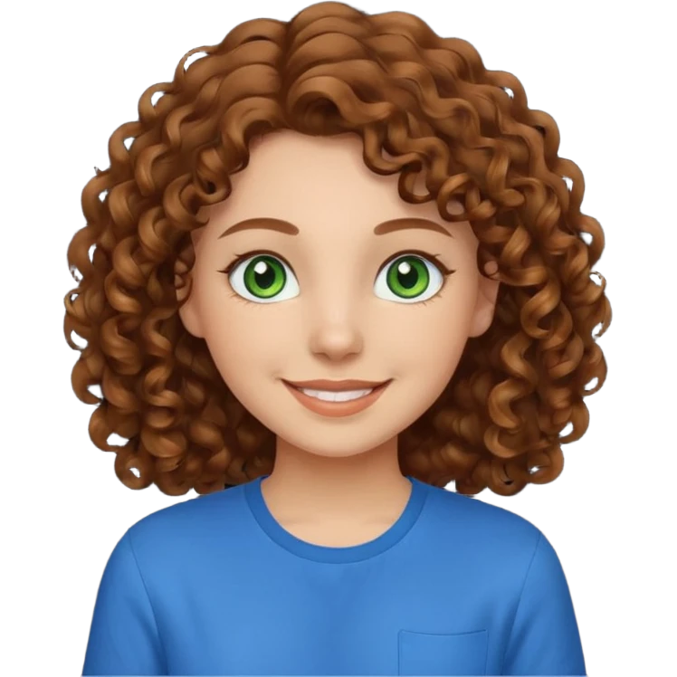 girl with brown hair, green eyes with a blue shirt no background ,young with curly hair smileing long hair not so curly and brown emoji
