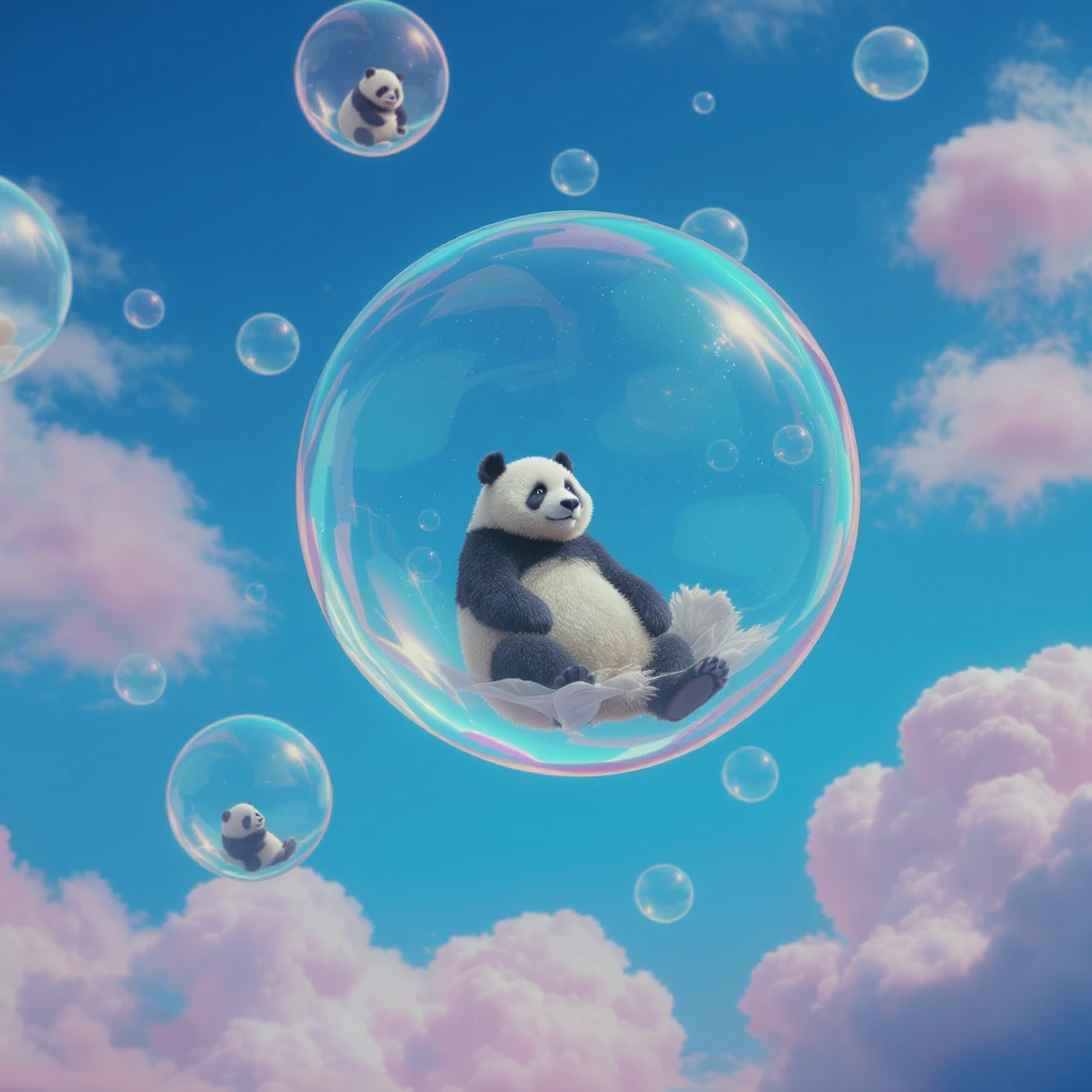 Realistic, Minimalistic Cinematic still of pandas bears sitting inside flying bubbles, blue sky filling background , pink clouds emoji