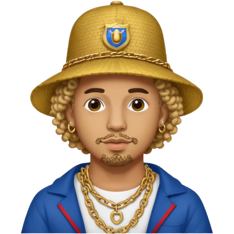 An emoji of Bad Bunny, the superstar from Puerto Rico. The singer. His hair is curly. He has a padlock beard. An an traditional boricua hat.  emoji