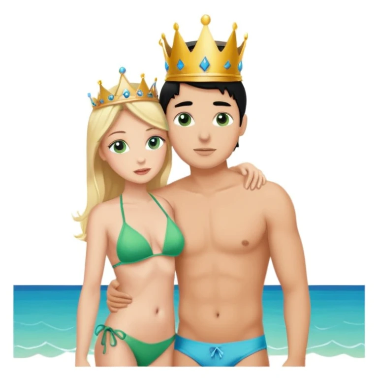 Blonde princess with crown Green eyes in Bikini kissing Male subject without crown black hair blue eyes Background living room  emoji