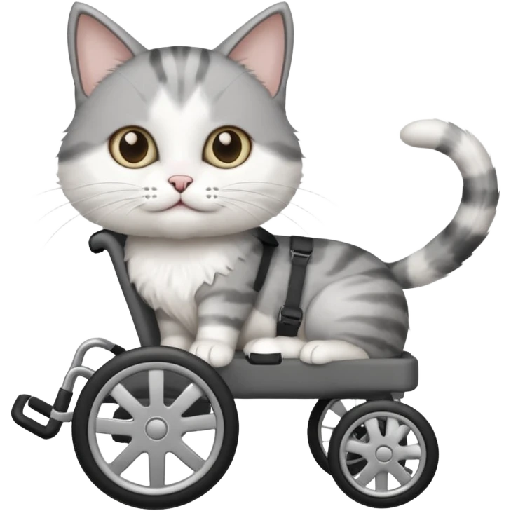 disabled grey and white cat using pet wheelchair emoji