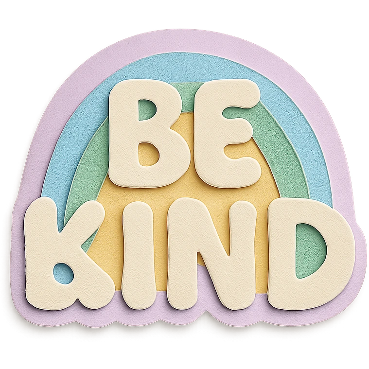 Soft pastel rainbow "Be Kind" hand-lettered, whimsical bubbly font, cute sticker, high resolution, transparent background emoji
