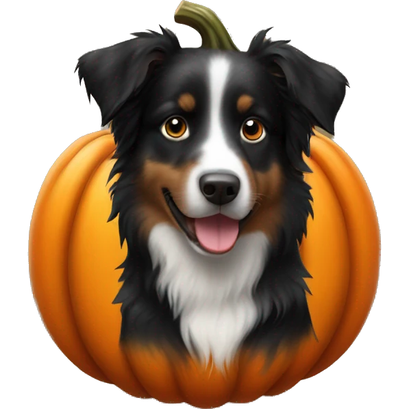 Small black australian shepherd dog in a pumpkin emoji