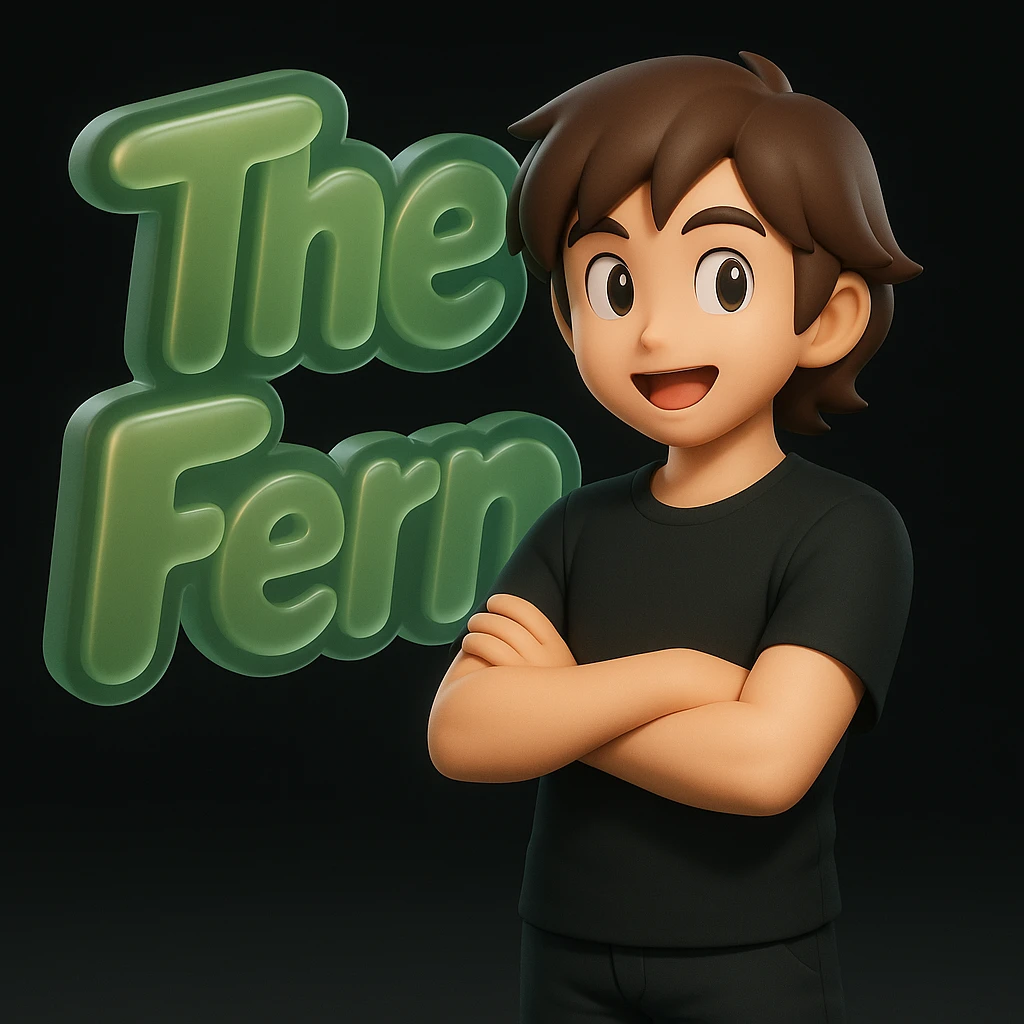 Make the anime man cross his arms while standing in front of the green bubble letters that say 'The Fern'. He should still have a black t-shirt, no jacket, medium-length brown hair, and an expressive anime face. Keep the rounded, glossy, energetic vibe in Matte Glass style. emoji