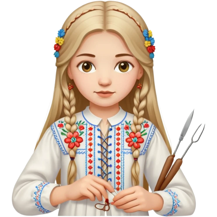 Ukrainian young girl with long hair wearing a white embroidered traditional shirt (vyshyvanka) holding sewing tools like a needle and thread emoji