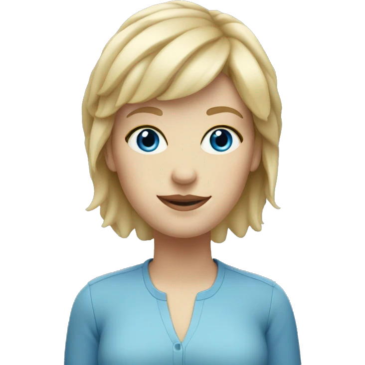 White woman with blonde mullet, short pixie bangs, blue eyes emoji