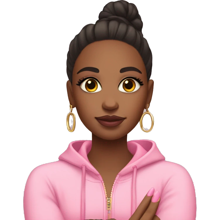 Girl emoji: pink tracksuit, hoop earrings, pink lips, lashes, nails. Poses: peace sign, nails, phone, arms crossed. emoji