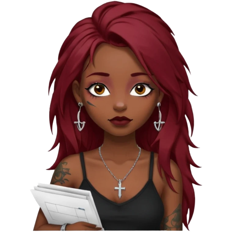 generate an ios genmoji of a girl with long dark red messy hair with eyeliner on her eyes.  septum piercing, wearing a cami black top, has tattoos, on shoulders. ear piercings. wearing a cross silver necklace. carrying a tote bag on her shoulders with chart paper peeking out. emoji