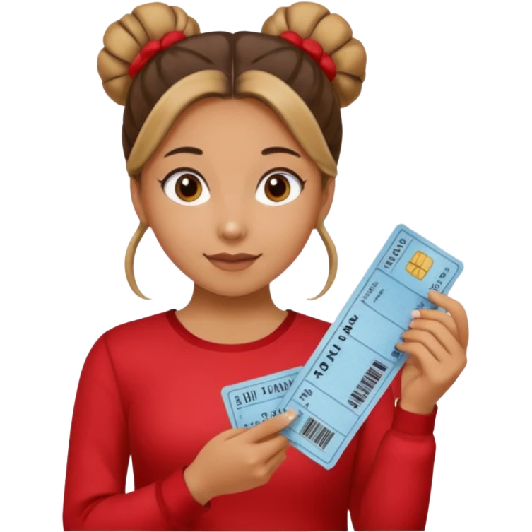 A girl with a bun of hair, wearing a red long-sleeved shirt and holding theater tickets emoji