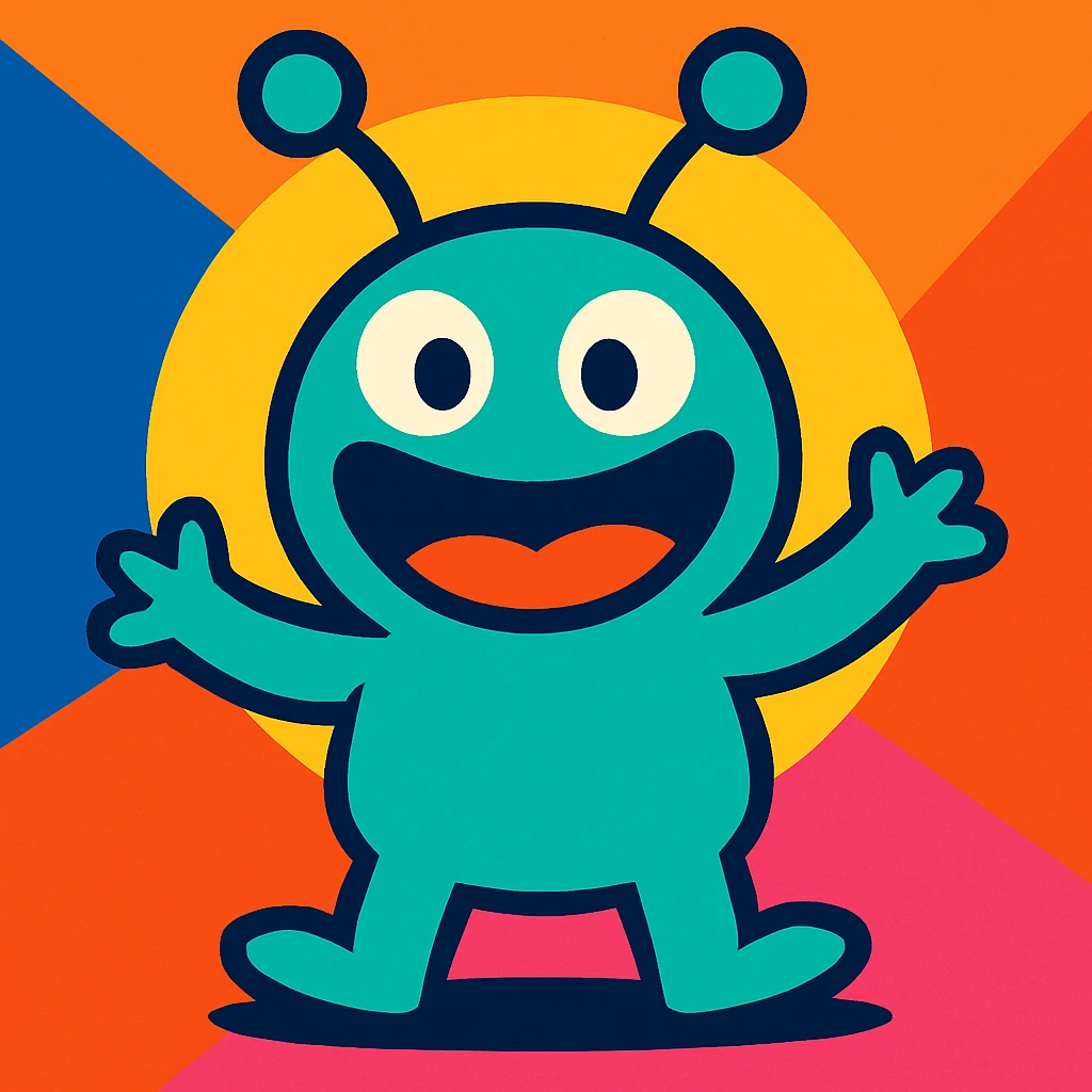 a playful alien with antennae and a big smile emoji