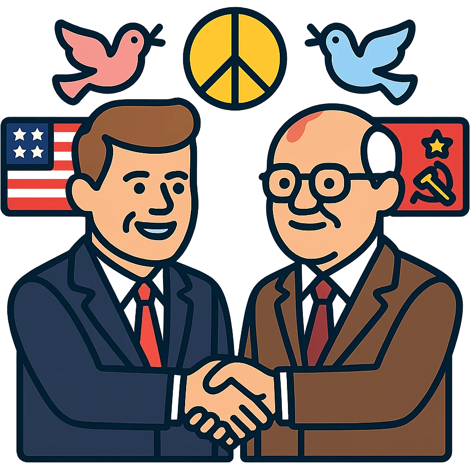 John F. Kennedy and Mikhail Gorbachev side by side, smiling, shaking hands, small peace symbol and doves, US and USSR flags as accents, friendly diplomatic atmosphere emoji