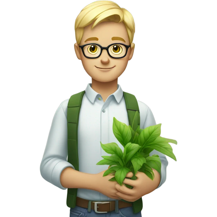 blonde boy with glasses portrait holding plants emoji