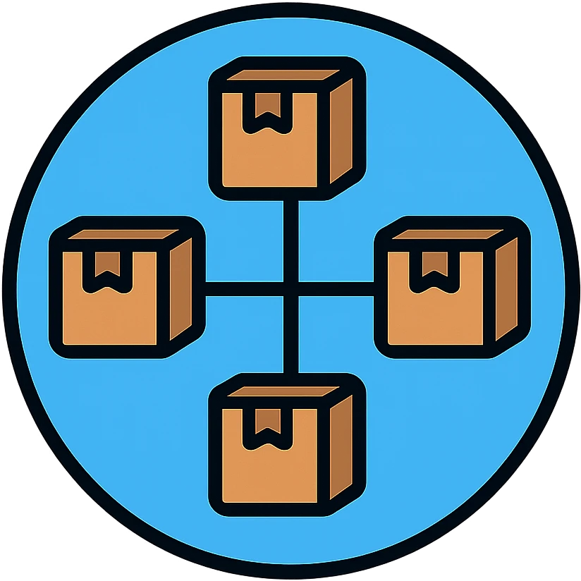 network in a circle form with blue color and realistic brown boxes at intersection points emoji