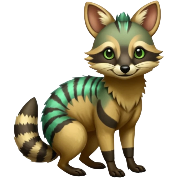 Shiny Green Colorful Dusky Dark Gloomy Glossy Aardwolf-Maned-Numbat-Tanuki-Genet-Bobcat-fusion-animal-hybrid-creature, full body emoji