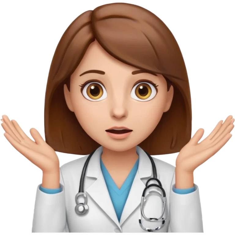 Surprised female doctor emoji with brown hair, both hands on her cheeks, big expressive eyes, clean emoji style emoji