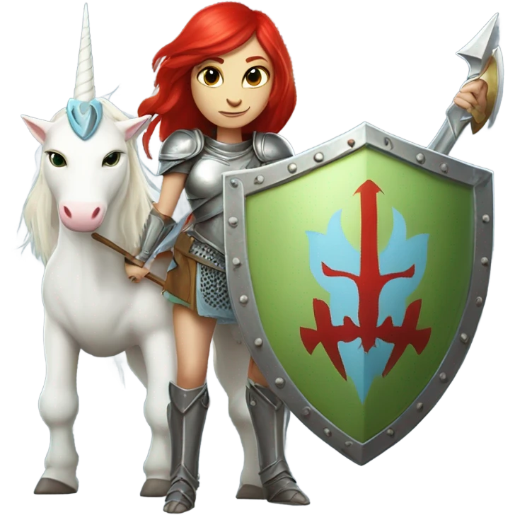 medieval shield: [politically incorrect, (
	{ female, alien, color: light green, hair:red, eyes:cat} ]
	on a 
	[{ unicorn: white, legged:four, mane: light blue }]) emoji