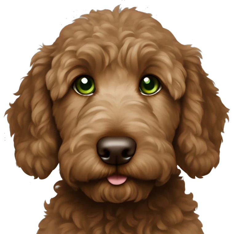 Darker brown goldendoodle puppy with green eyes emoji