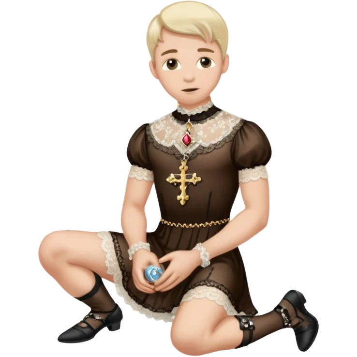 Submissive man on knees wearing female clothes and chastity emoji