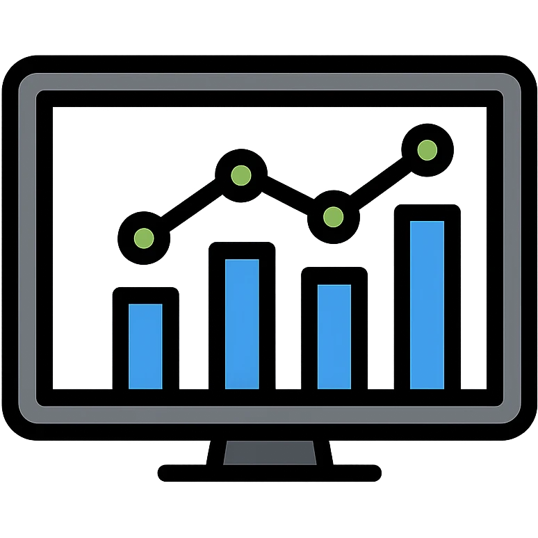 minimal KPI dashboard icon, flat vector style, rectangular screen with black frame, light gray background, four blue bars of different heights forming rising bar chart, green line graph overlay with data points, clean analytical modern look emoji