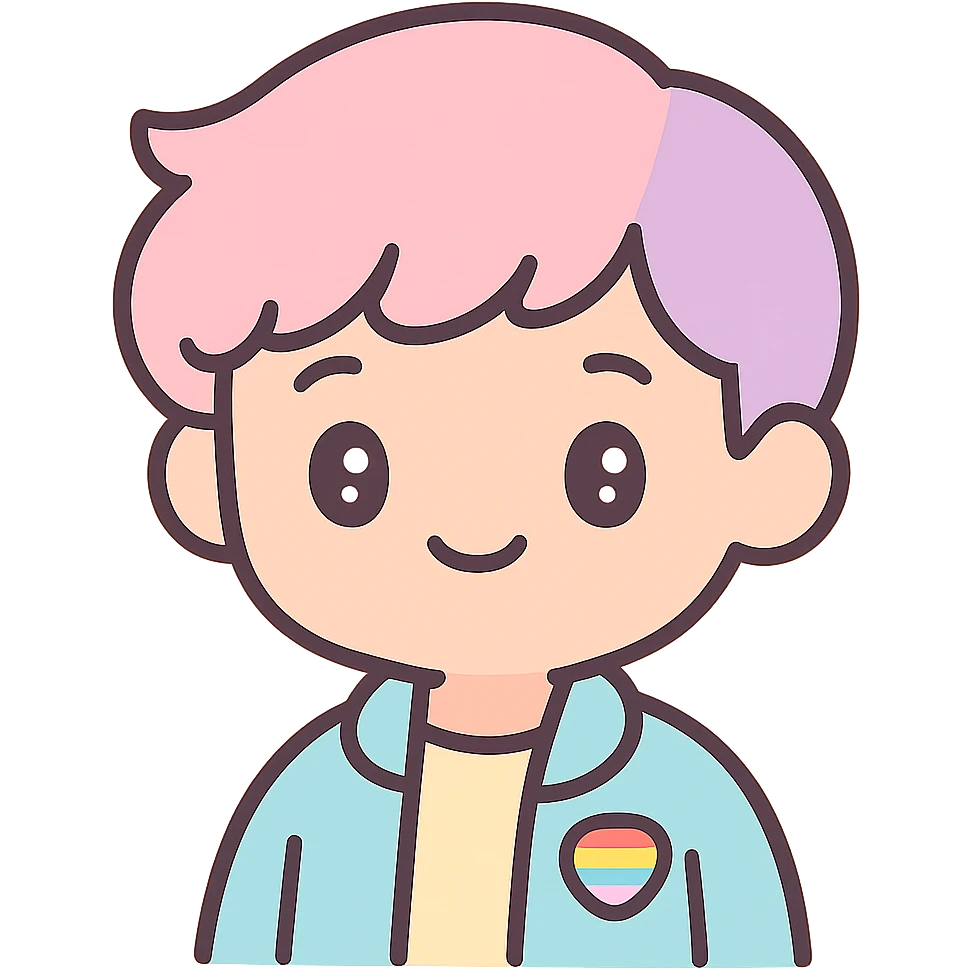 anime boy with a gentle smile, rainbow pin on his jacket, soft pastel colors, subtle pride theme emoji