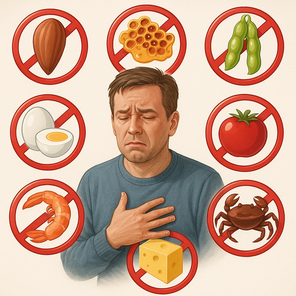 A 40-year-old man suffering from food intolerances, inspired by the reference image, with a discomforted expression, forbidden food symbols arranged in a circle around him. Realistic or illustrative style with a light background. emoji