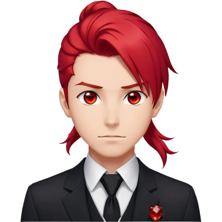 Handsome gorgeous anime man with bright-red hair, thick long ponytail, red eyes, black tie with a red gem, white shirt, black jacket, stone face emoji
