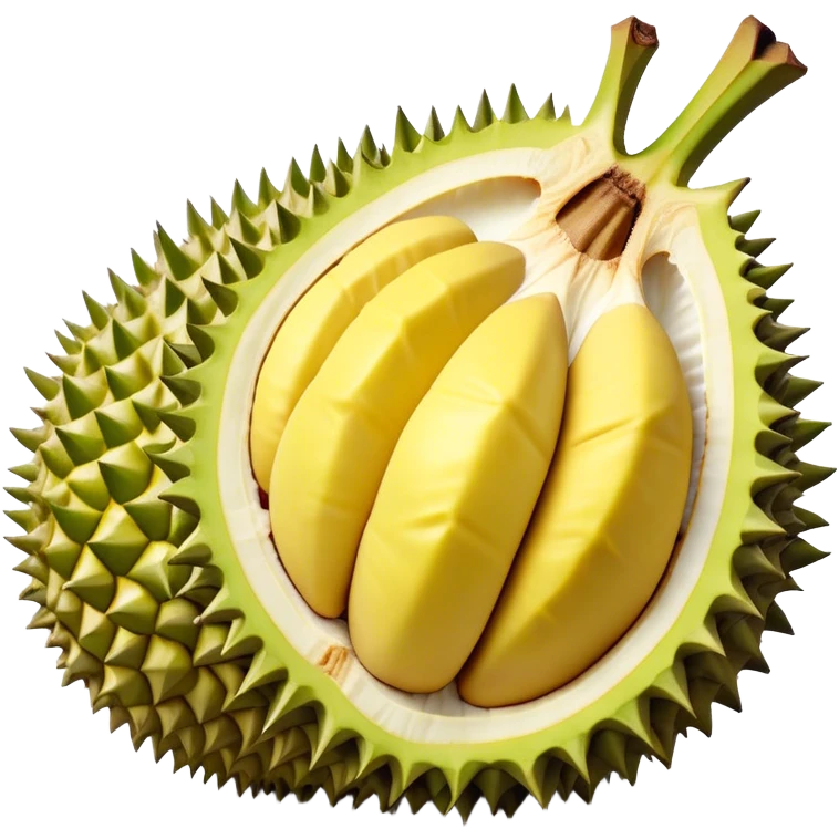 Cinematic Realistic Durian Fruit Dish Emoji, depicted as the notorious spiky fruit with a rich, custardy interior rendered with lifelike detail and bold, distinctive lighting. emoji