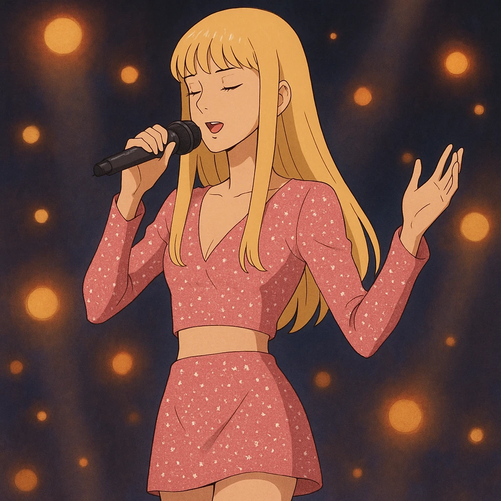 Pretty and thin tall Blonde pop star with bangs singing onstage, wearing a sparkly pink outfit   emoji