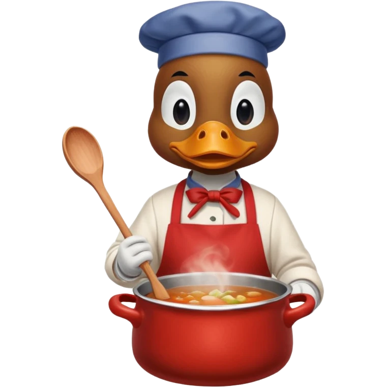 A duck wearing red apron stirring soup in a small pot, looking very focused. emoji