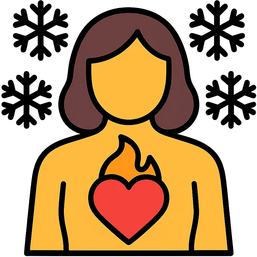 woman figure with a heart-shaped flame inside and a snowflake border, visualizing menopause hot inside cold outside emoji