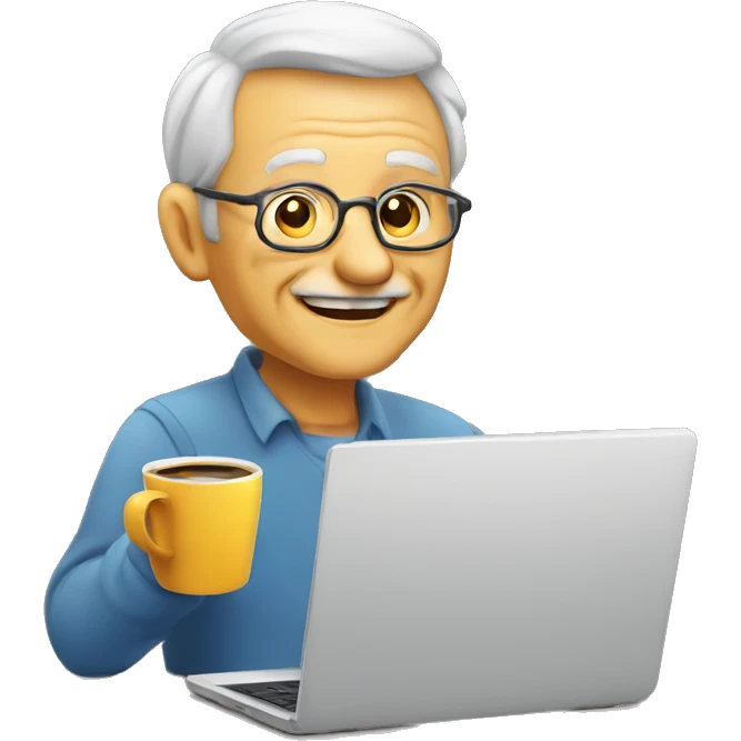 Old man with a computer and a coffee cup looking at me smiling emoji