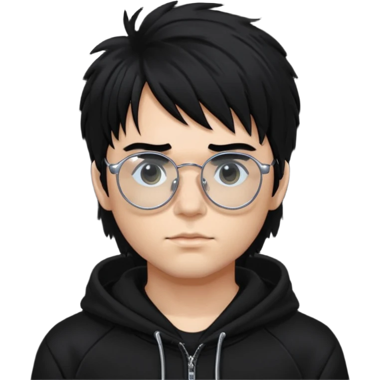 chrome hearts glasses,man, black hair,white,normal,fluffy fringe,black hoodie emoji