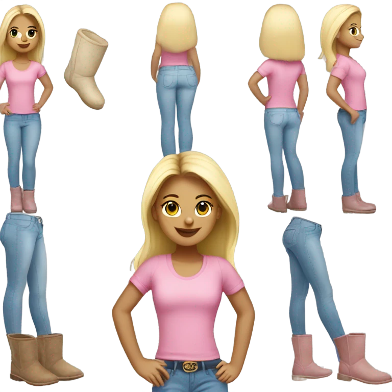 blonde girl with pink top and light blue jeans on with uggs emoji