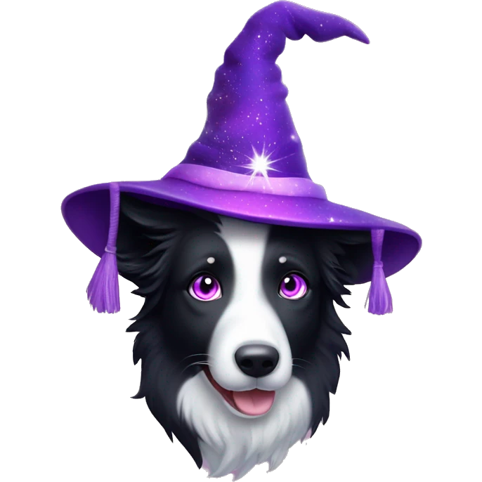 Border Collie with rainbow-coloured eyes wearing a purple velvet wizard hat covered with tiny, sparkling, silver stars. emoji