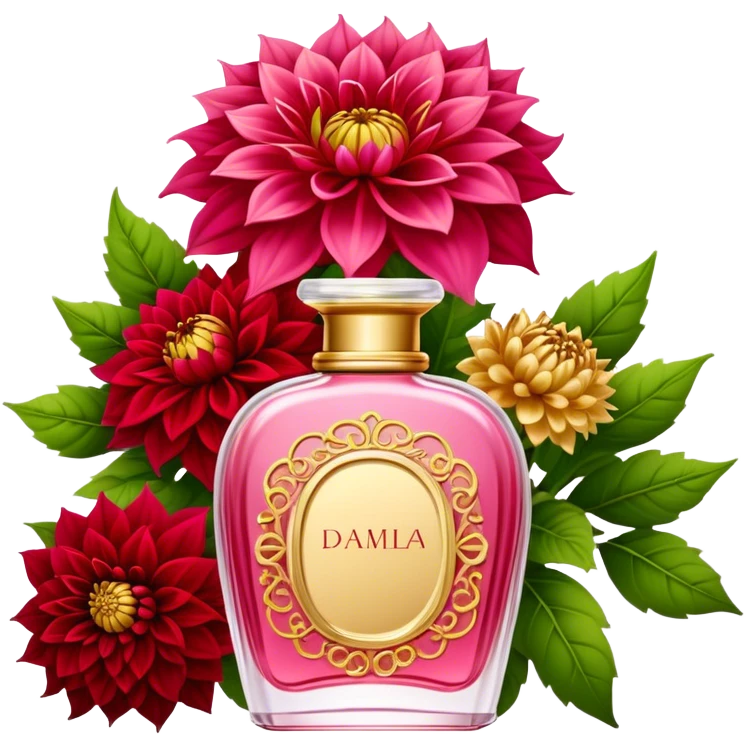 An elegant perfume bottle in Angel Pink with intricate golden details, standing beside a lush bouquet of Vivid Red and Deep Red Dahlias, softly illuminated in a romantic, warm glow emoji