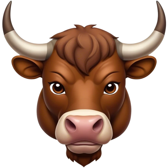 Cinematic Noble Brown Bull Portrait Emoji, Poised and regal, with a massive, muscular build and a sleek, well-groomed rich brown hide, deep-set soulful dark eyes, Simplified yet sharp and sophisticated features, highly detailed, glowing with a soft, dignified glow, high shine, intelligent and formidable, stylized with an air of strength, focused and attentive, soft glowing outline, capturing the essence of a watchful and confident guardian, so majestic it feels as though it could charge out of the screen with effortless authority! emoji