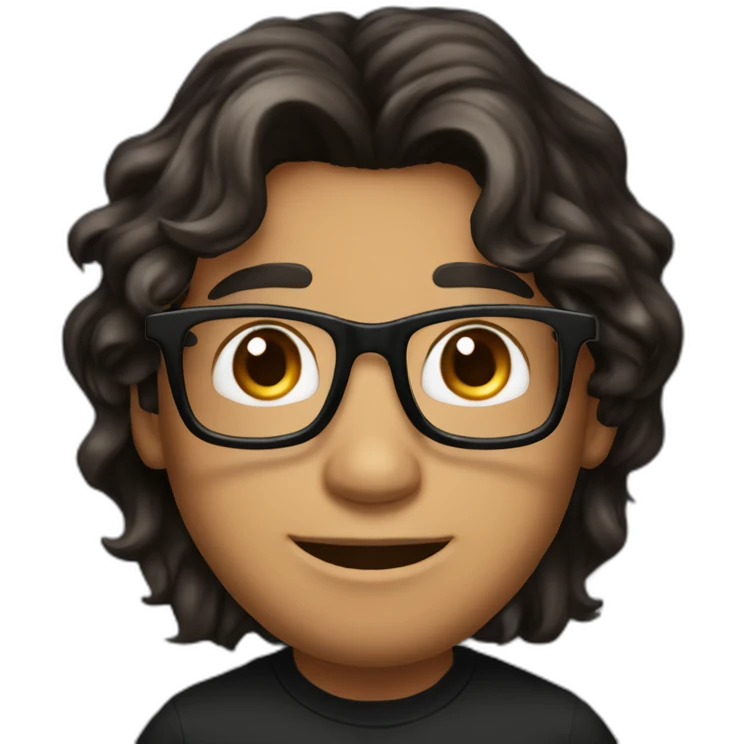 Caramel smiling man, dark brown eyes, black long wavy hair, no facial hair, thin and long nose, round glasses, black t shirt emoji
