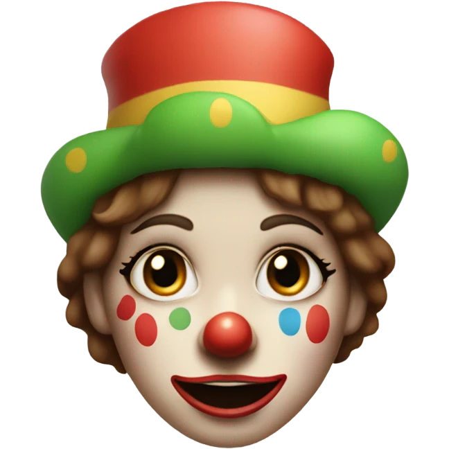 smiling clown girl with clown face paint wearing jester hat with straight brown hair exaggerated expression of sadness on her face  emoji