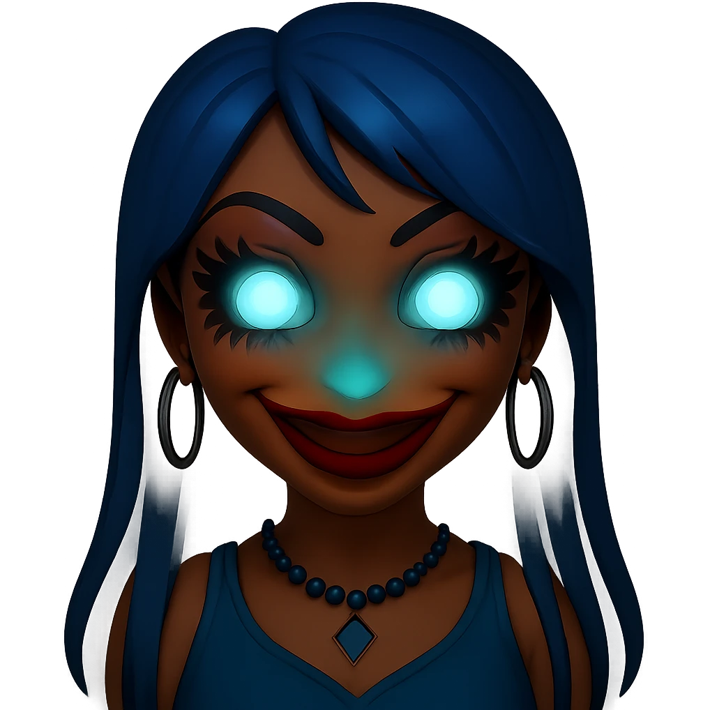 Add glowing eyes to the character, keep the creepy gyaru style with blue hair and pretty makeup, bratz baddie vibe, in emoji style with no background. emoji