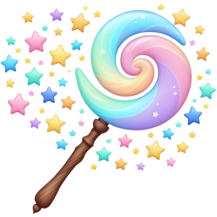 Cinematic cute magical wand, pastel swirls of color, tiny twinkling stars floating around, glowing softly, chubby rounded edges, whimsical and dreamy. emoji