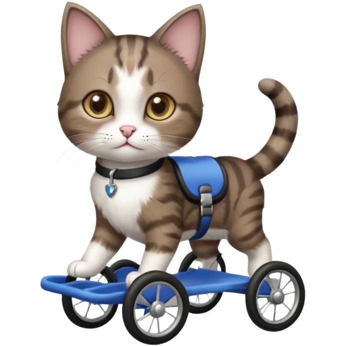 full body small short hair dark brown and white cat with hazel eyes walking in a wheelchair for cats emoji