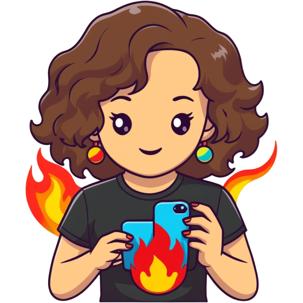 brunette girl with wavy medium length hair, brown eyes, light/medium skin tone, holding iPhone and light phone, wearing black tee shirt with flames on it and colorful beaded charm necklace emoji
