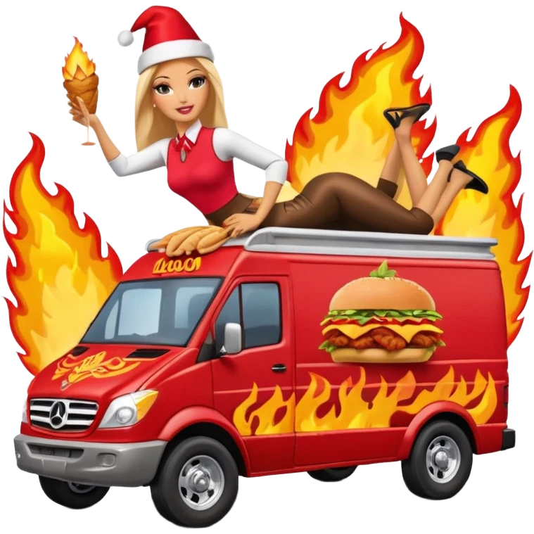 Hispanic pollo loco Barbie’s insanely flaming hot butt hurt burning chicken sandwich Extended length Sprinter 4500 van high roof off road rally delivery food truck capable of rock and desert racing  emoji