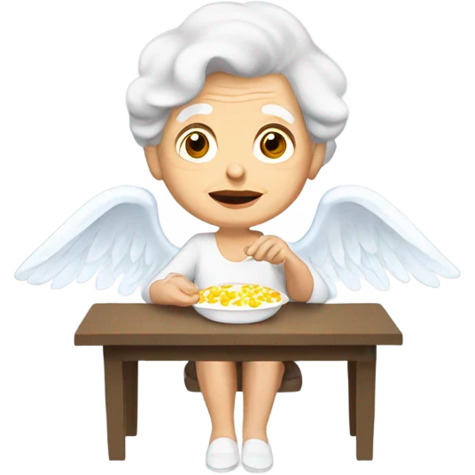 Elderly white lady angel with brown hair eating scrambled eggs  emoji